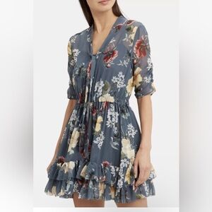 NICHOLAS Slate Ruffle Floral Silk Mini Dress US2 NWT